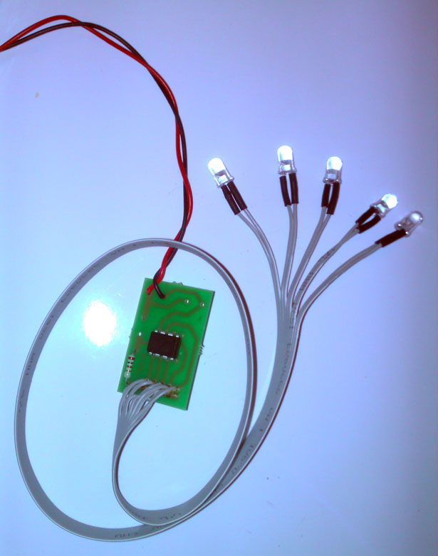 Программируемый модуль с пятью независимо мигающими светодиодами на проводе с питанием от двух или четырёх батареек АА